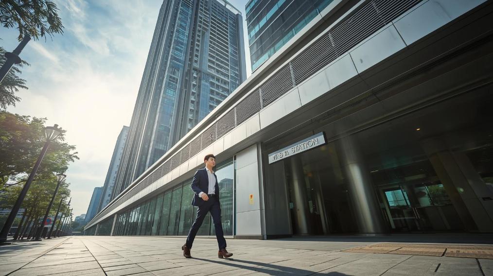 Bright condominium scene near an MRT station with a smiling homeowner.