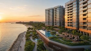 A high‑resolution architectural rendering of a luxurious private condominium in Singapore’s Bayshore precinct at sunset, with modern design, coastal views, and lush landscaped facilities, under clear skies.